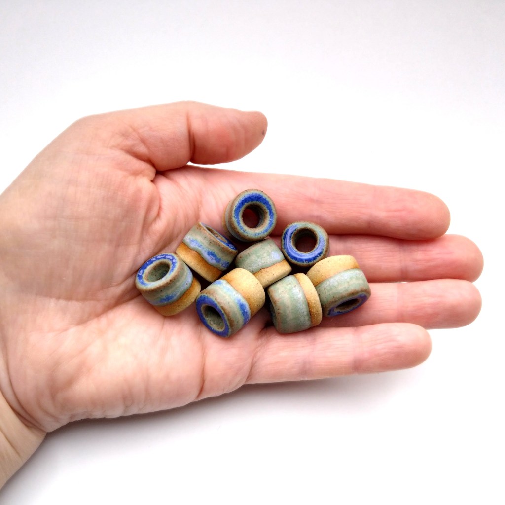 Handmade pottery ceramic dreadlock dread macrame beads with green-blue glaze