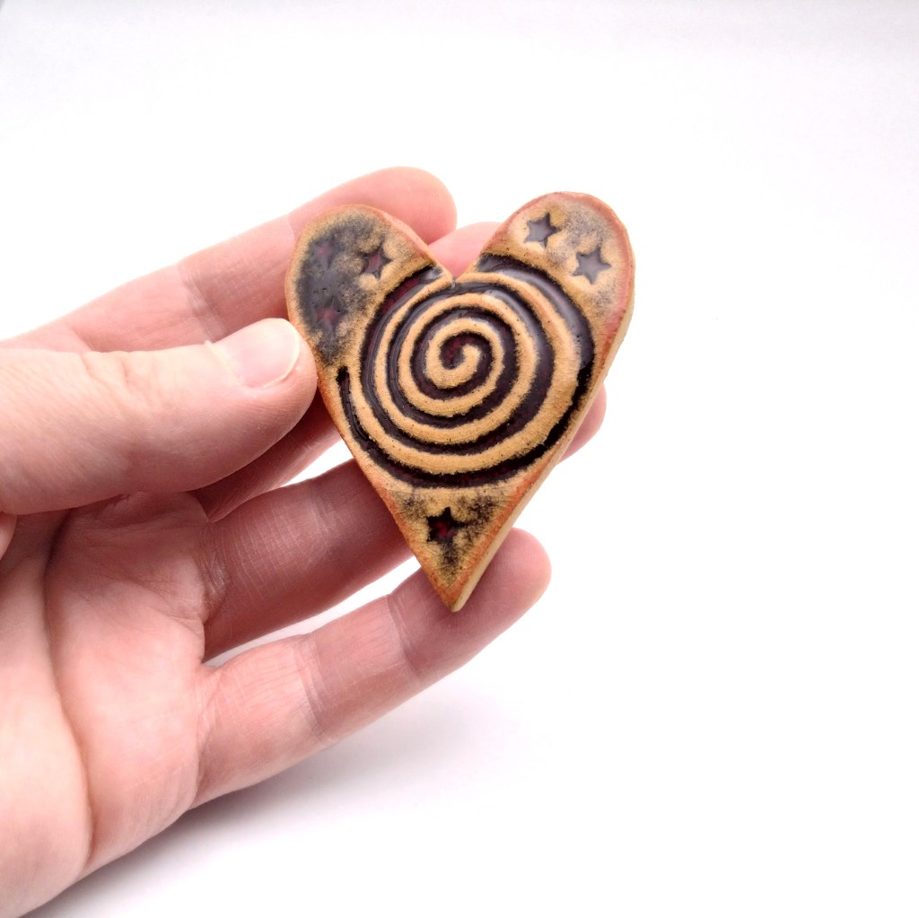 Handmade ceramic pottery heart keepsake trinket love token with unique embossed star and spiral design and blood red glaze-for sale on Etsy